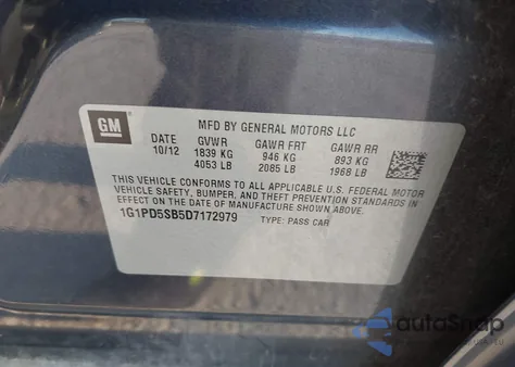 2013 Chevrolet Cruze 1Lt Manual from USA, damaged, VIN 1G1PD5SB5D7172979